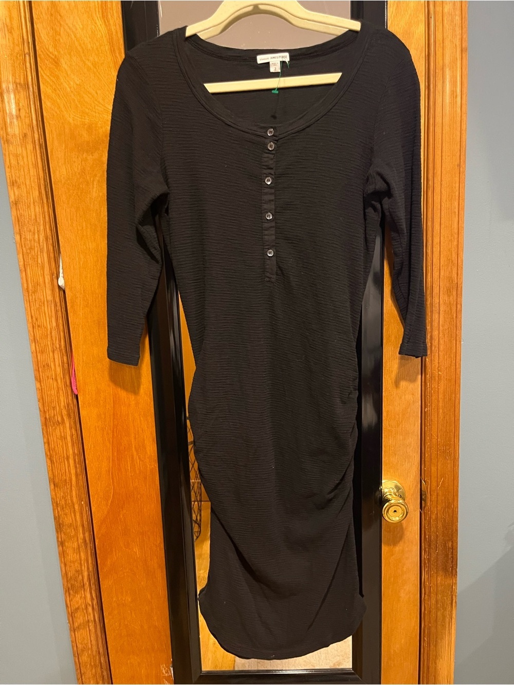 Minimalist James Perse Black Ribbed Henley Midi Long-Sleeve Dress